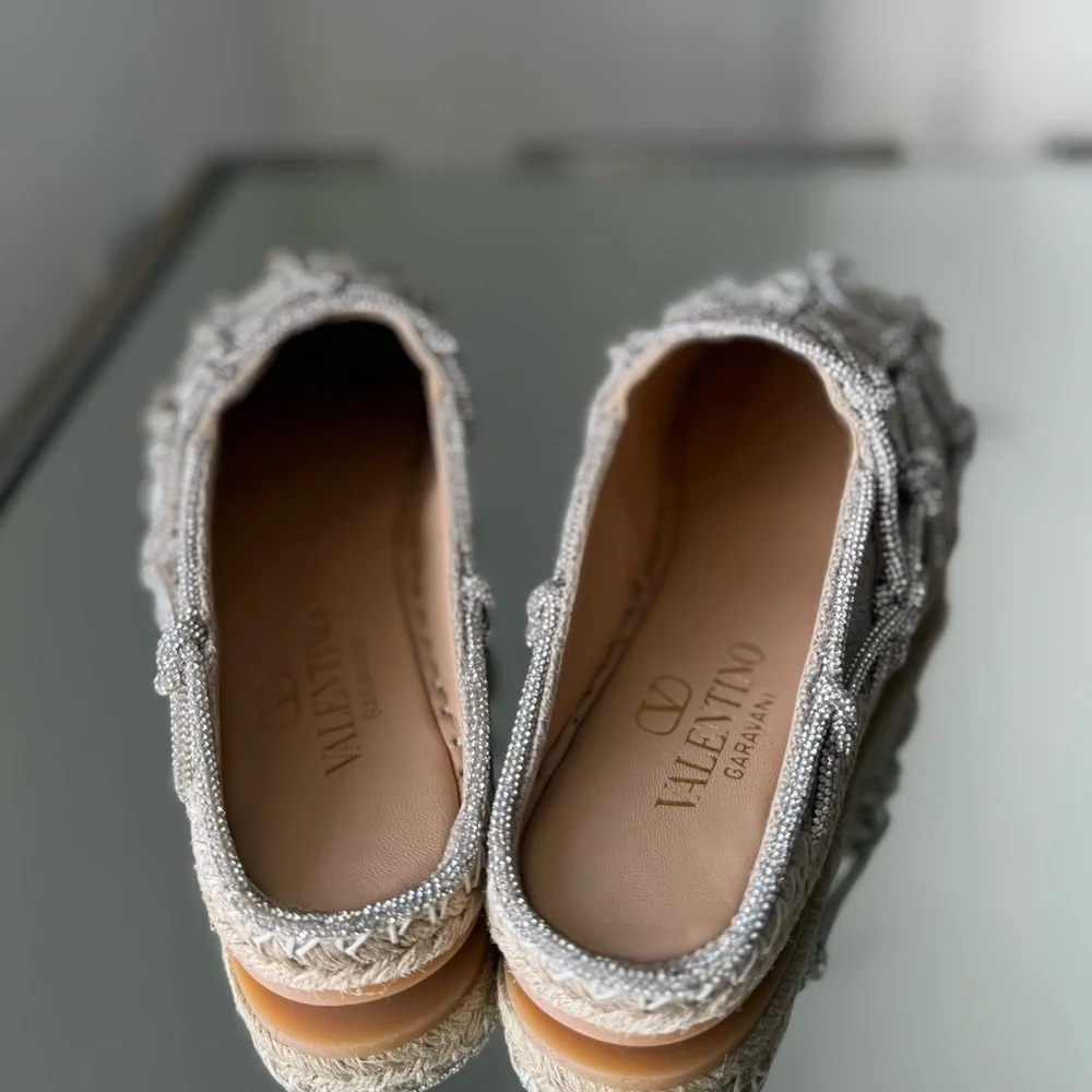New VALENTINO GARAVANI Crystal-embellished linen espadrille mules $1,150 35